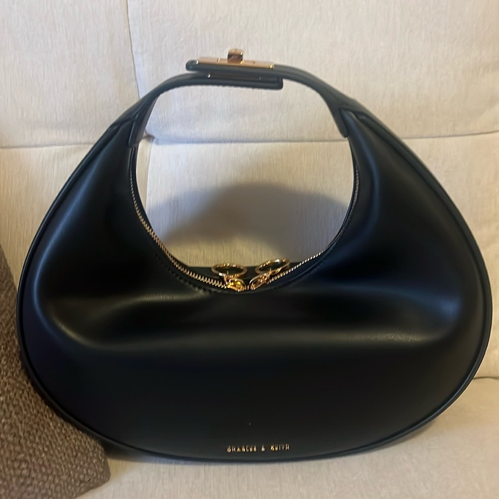 Charles & Keith Black Crescent Top-Handle Satchel with Gold Hardware